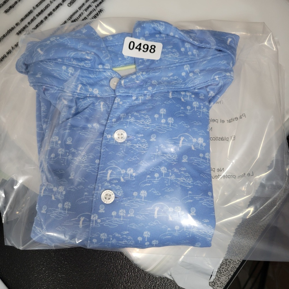 J.Crew Performance Polo Mens Size M Blue Golf Course Palm Tree Print Stretch - Picture 7 of 9